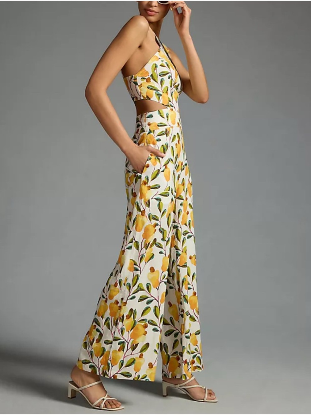 Farm Rio Halter Cutout Linen Blend Wide-Leg Pear Graphic Jumpsuit size S - Picture 2 of 8
